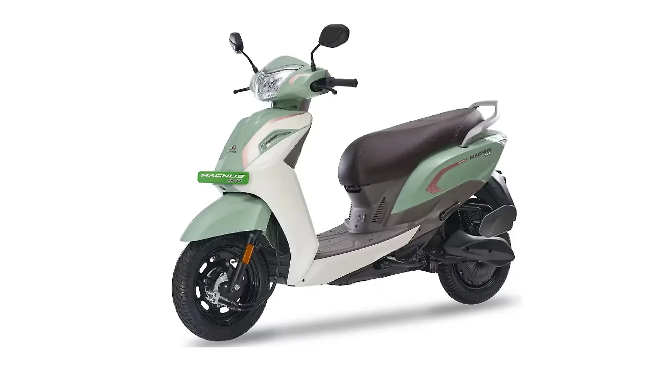 Ampere Magnus Neo electric scooter in Matcha Green with cream-colored side panels.