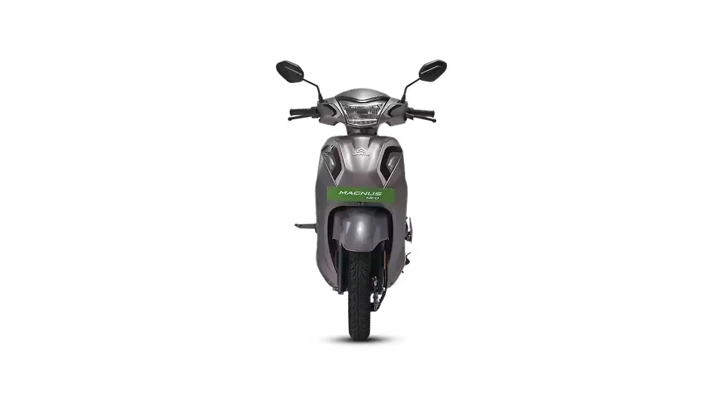 Frontal view of the Ampere Magnus Neo electric scooter in Mystic Mauve featuring the LED headlamp and apron-integrated indicators.