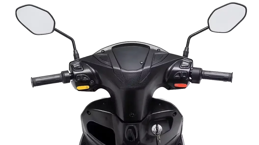 Rider's view of the Ampere Magnus Neo handlebar, featuring the digital instrument cluster, mirrors, and switchgear.