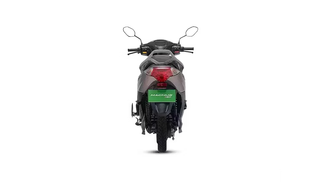 Direct rear view of the Ampere Magnus Neo showing the tire width and rear suspension setup.