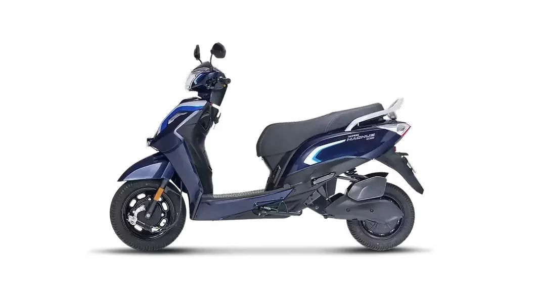 Alt Text: Full left side profile of the Ampere Magnus Neo electric scooter in Ocean Blue