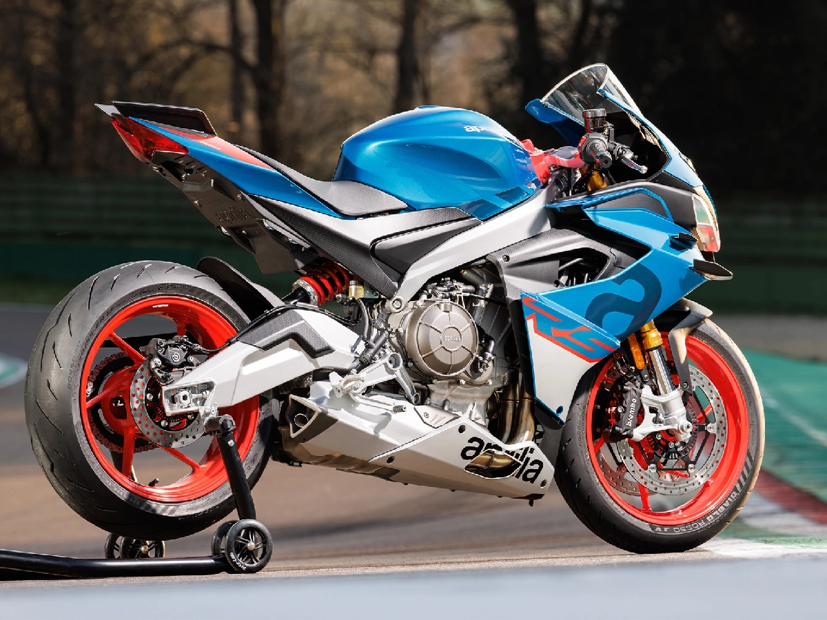 Aprilia RS 660 Blue Marlin colour variant parked beside racetrack