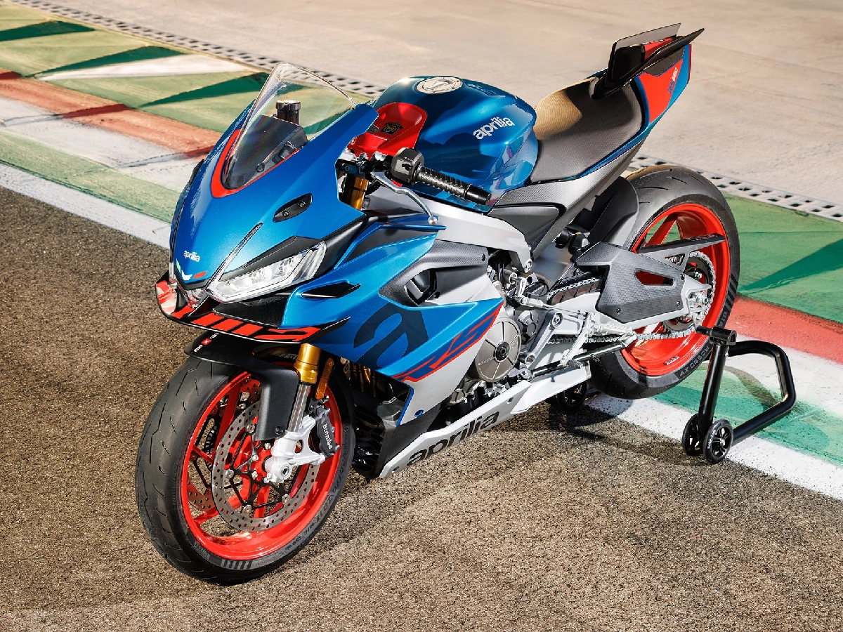 Aprilia RS 660 Blue Marlin colour variant parked beside racetrack