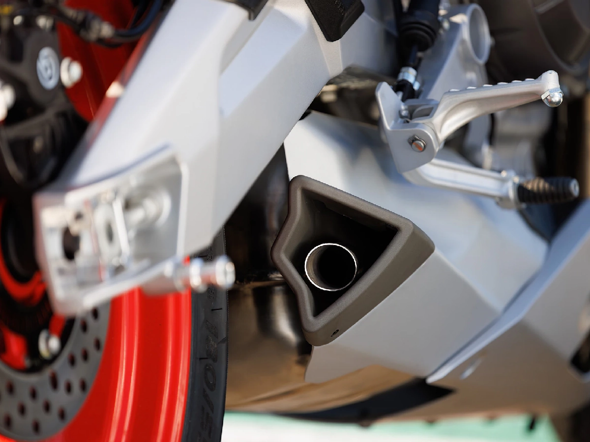 Aprilia RS 660 exhaust outlet and rear wheel close-up