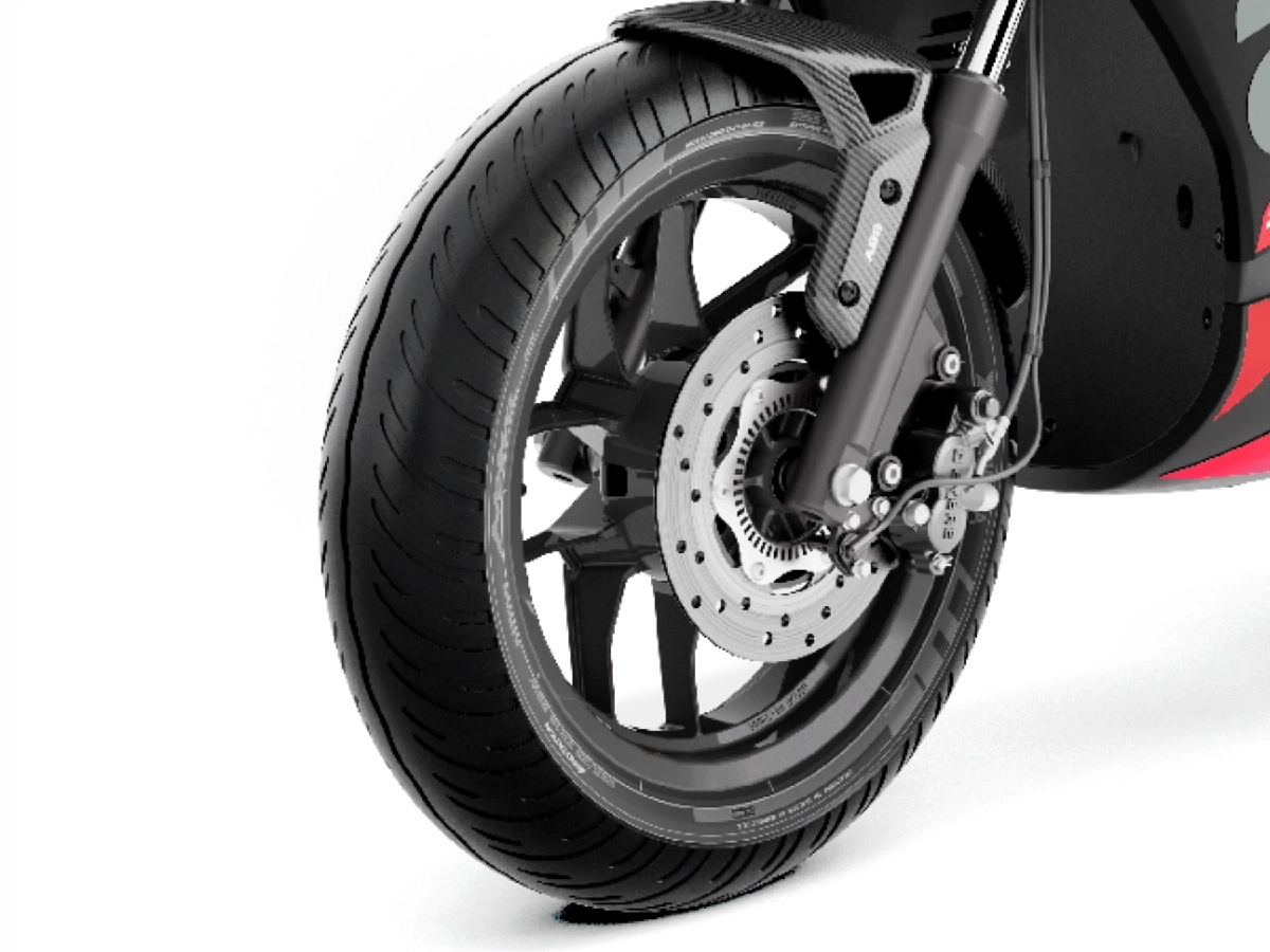 Aprilia SR 160 front disc brake and alloy wheel close up