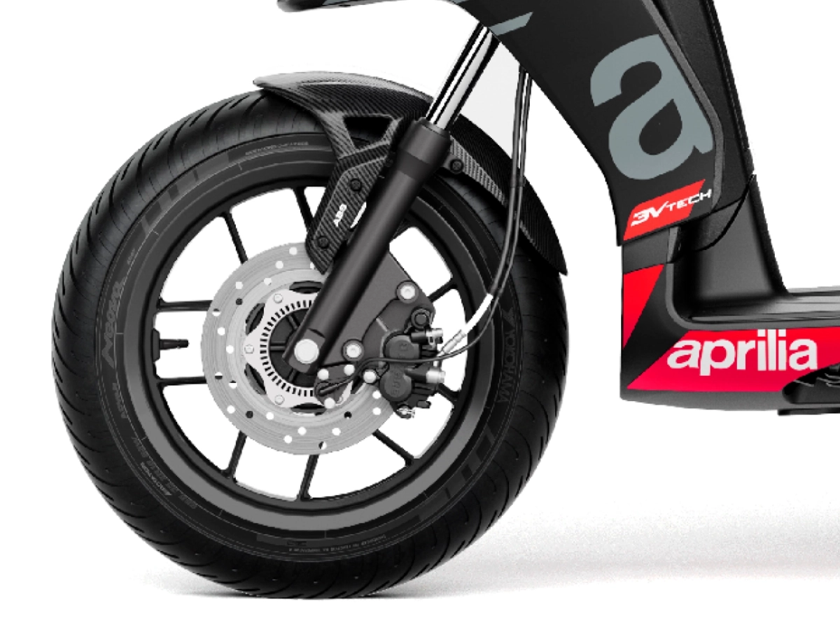 Aprilia SR 160 front suspension and alloy wheel detail