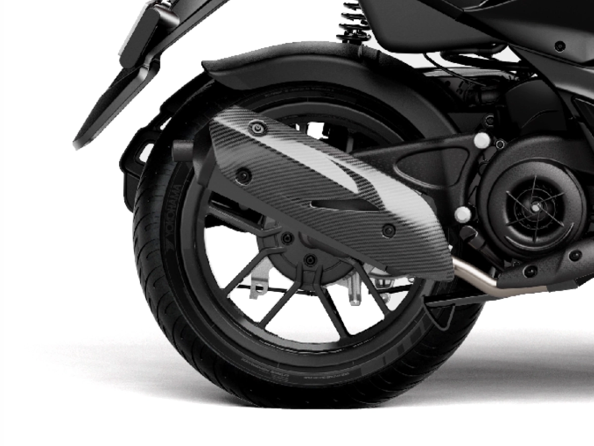 Aprilia SR 160 rear tyre and exhaust design close up view