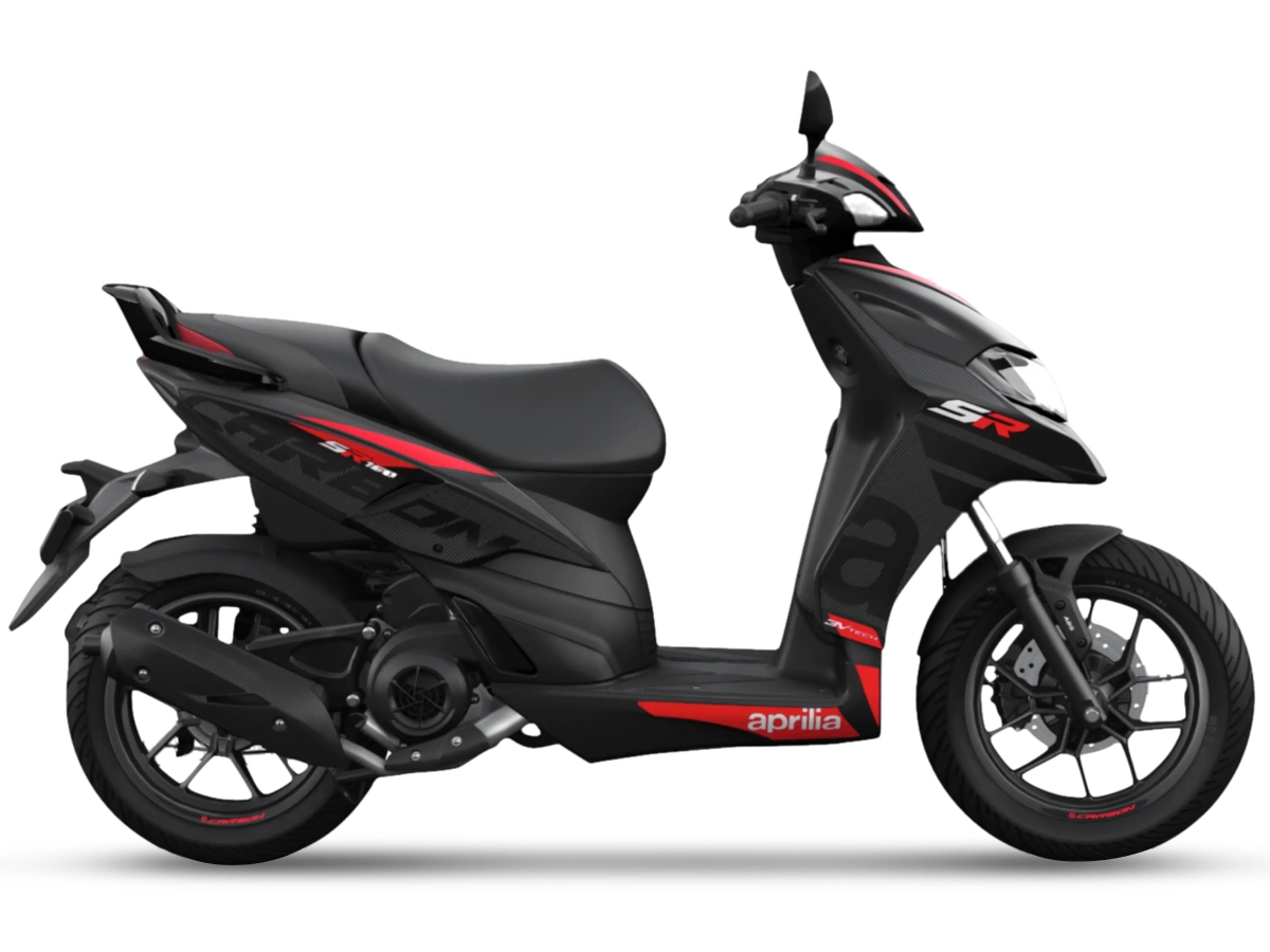 Black Aprilia SR 160 scooter side profile view