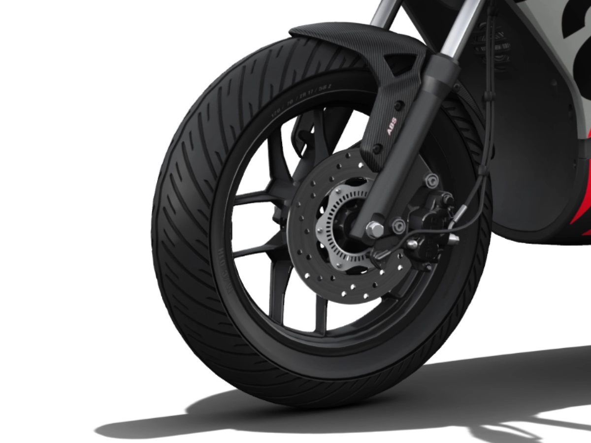Aprilia SR Storm 125 front disc brake and wheel close up