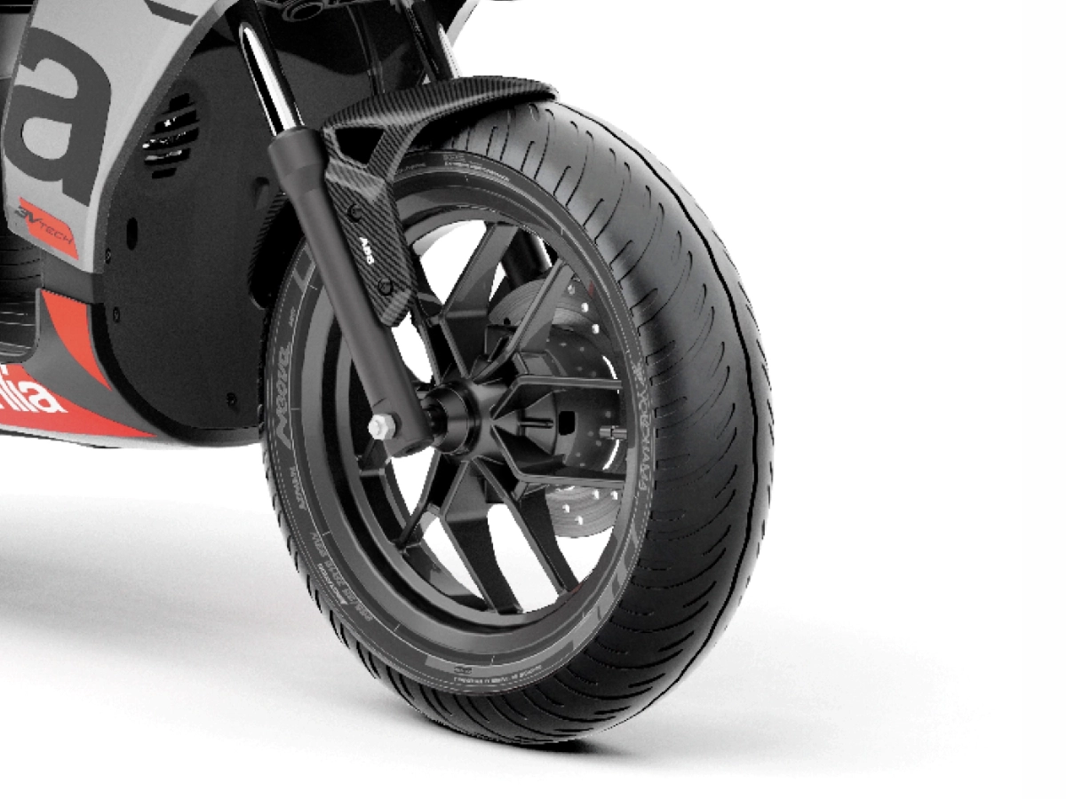 Aprilia SR Storm 125 front suspension and wheel assembly close up