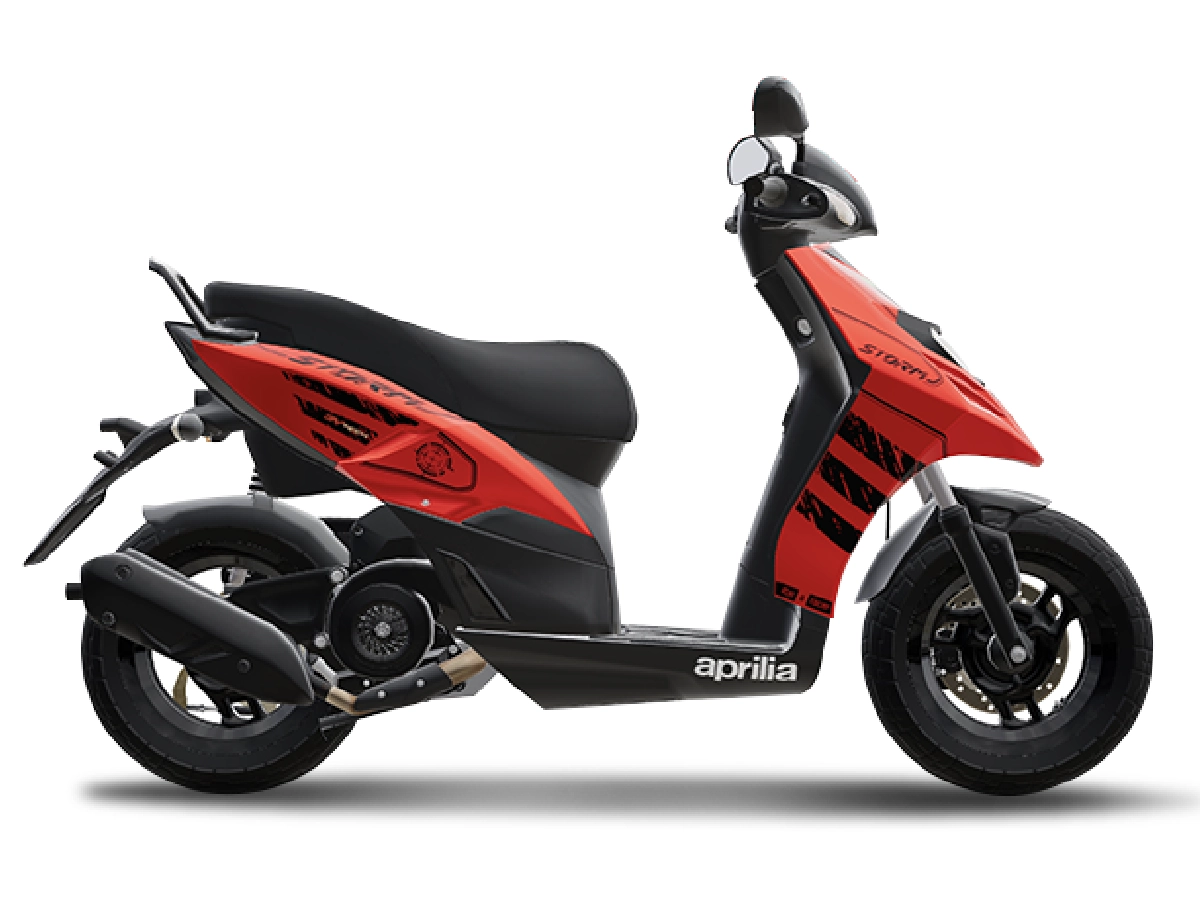 Red Aprilia SR Storm 125 scooter full side profile