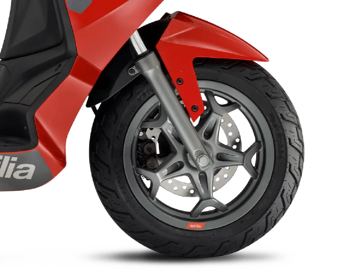 Aprilia SXR 125 front alloy wheel and disc brake close up