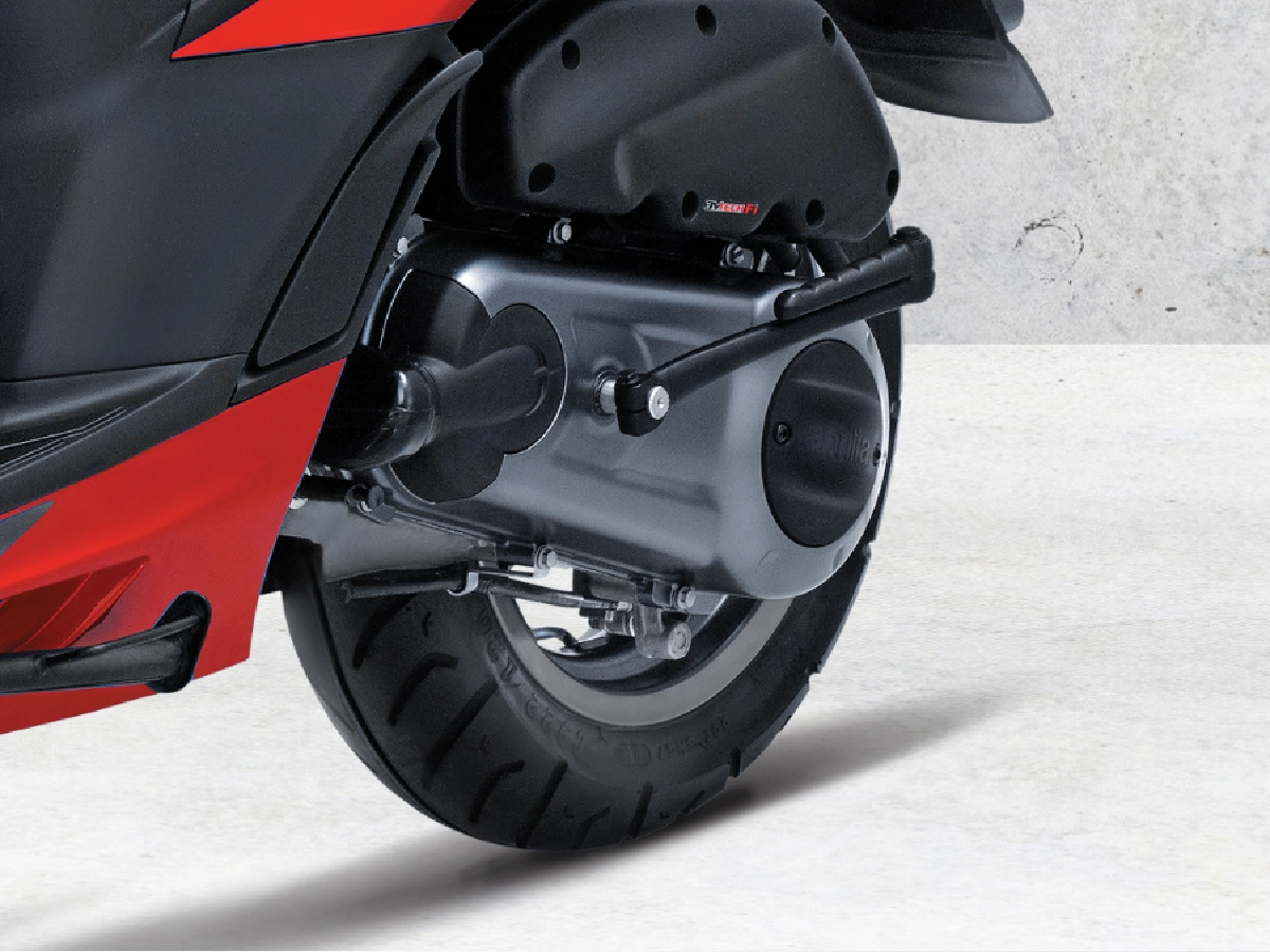 Aprilia SXR 125 rear tyre and engine assembly close up