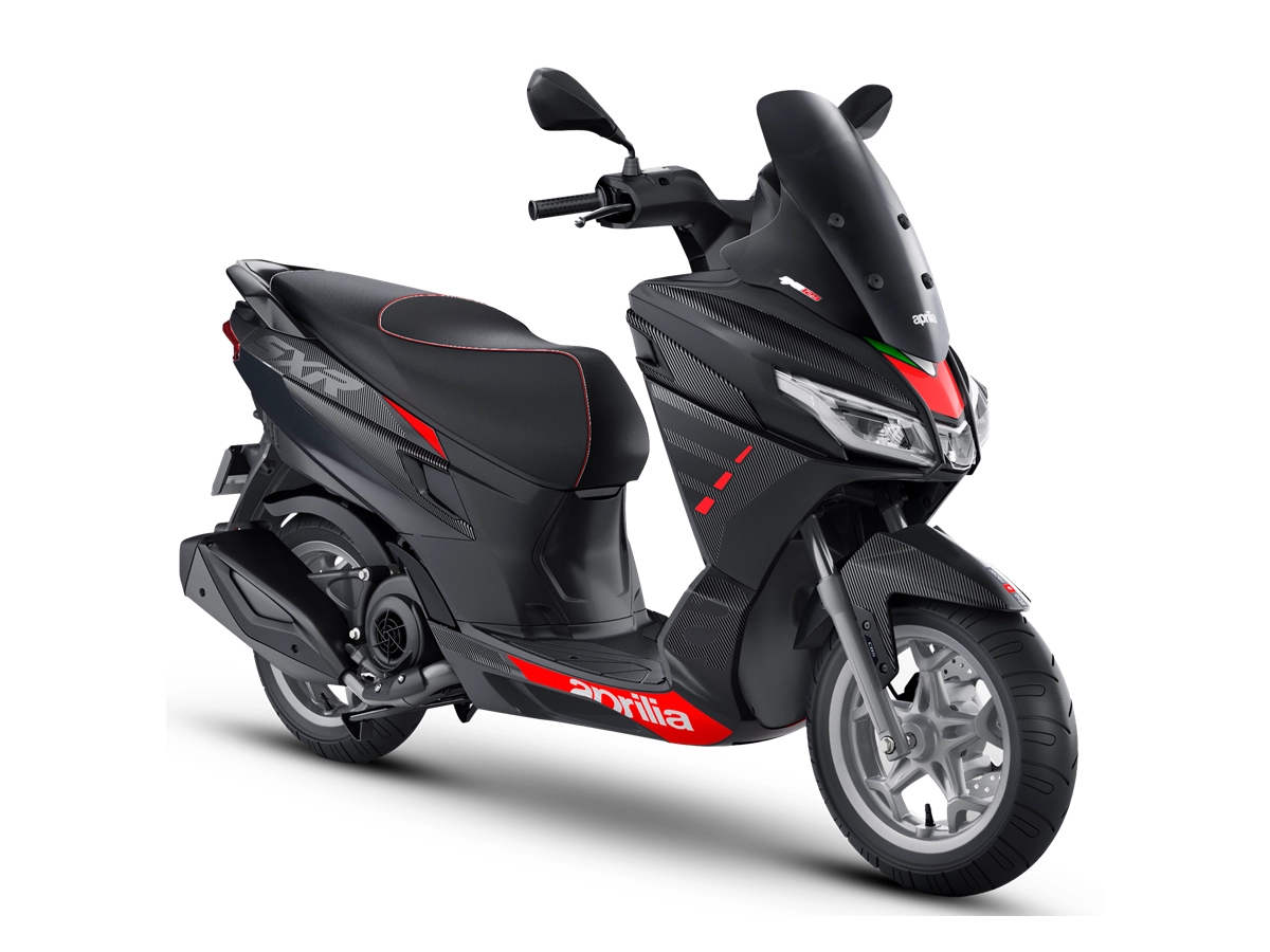Black Aprilia SXR 125 scooter three quarter angle view