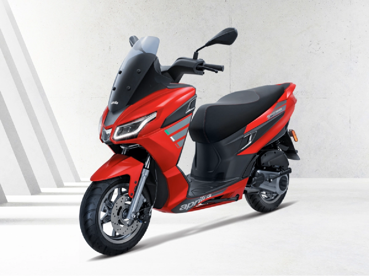 Red Aprilia SXR 160 scooter three quarter front profile