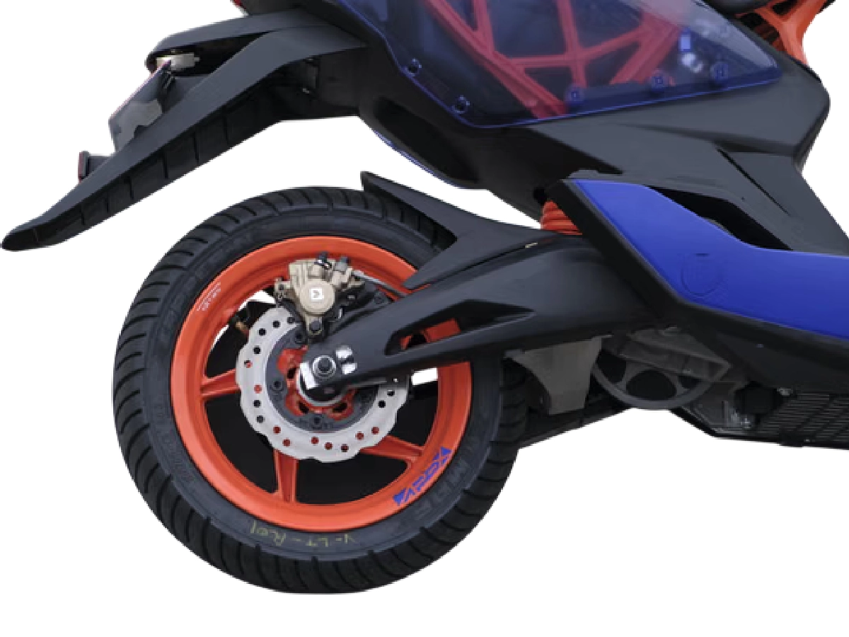 Ather 450 Apex rear wheel and disc brake close up view