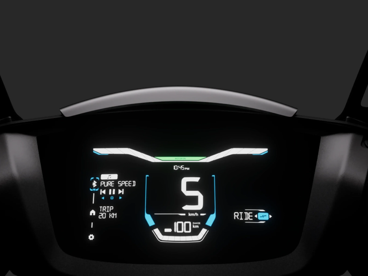 Ather 450S digital instrument cluster showing speed and ride mode
