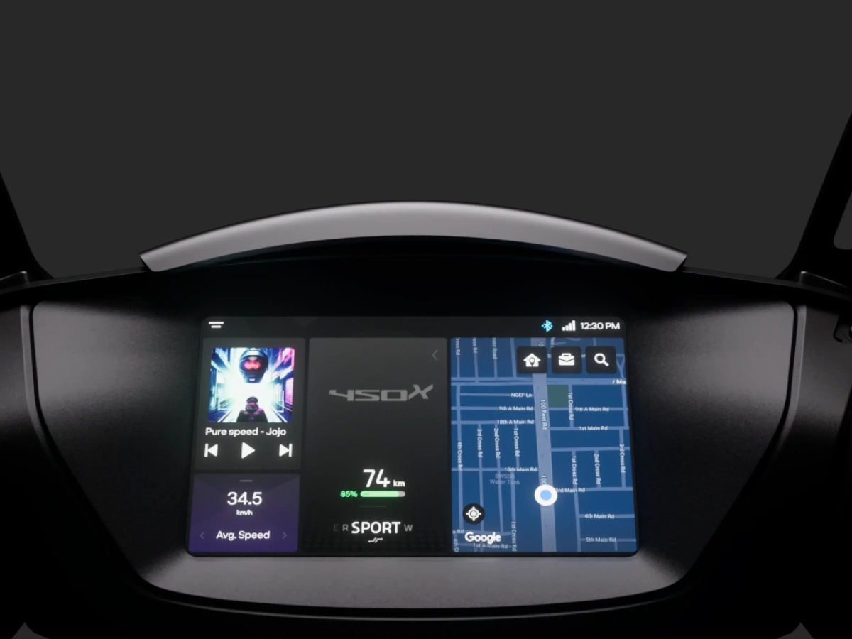 Ather 450X touchscreen dashboard with navigation and ride analytics