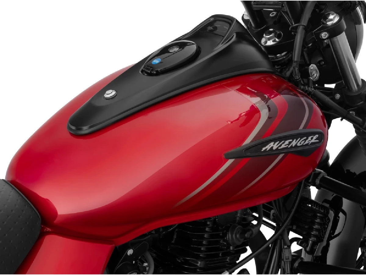 Close-up of Bajaj Avenger Street 220 fuel tank in Cocktail Wine Red