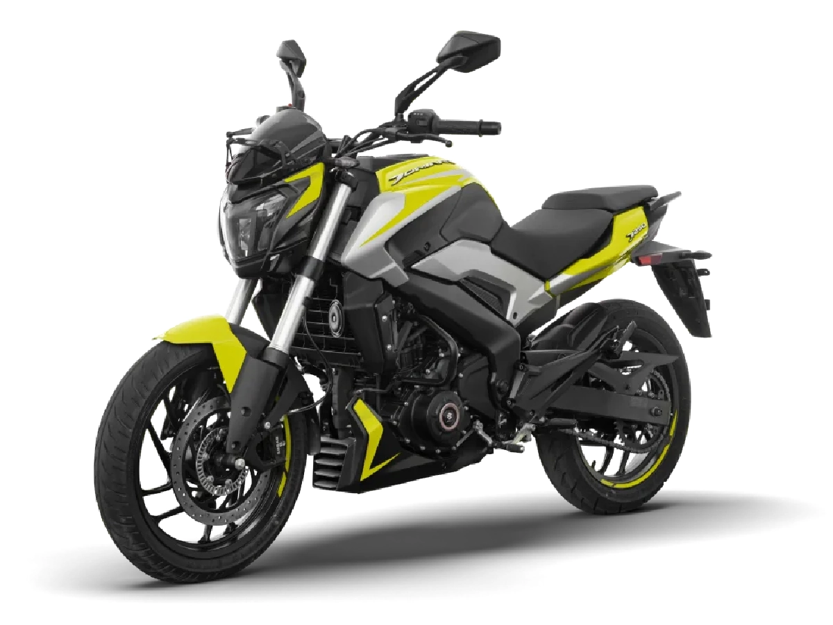 Bajaj Dominar 250 in Citrus Rush color parked in studio view