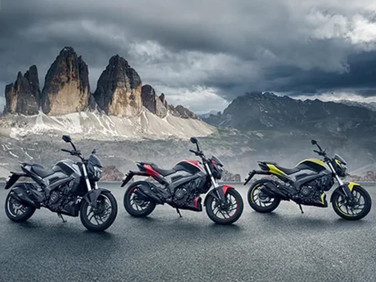 Bajaj Dominar 250 motorcycles parked together in multiple color options