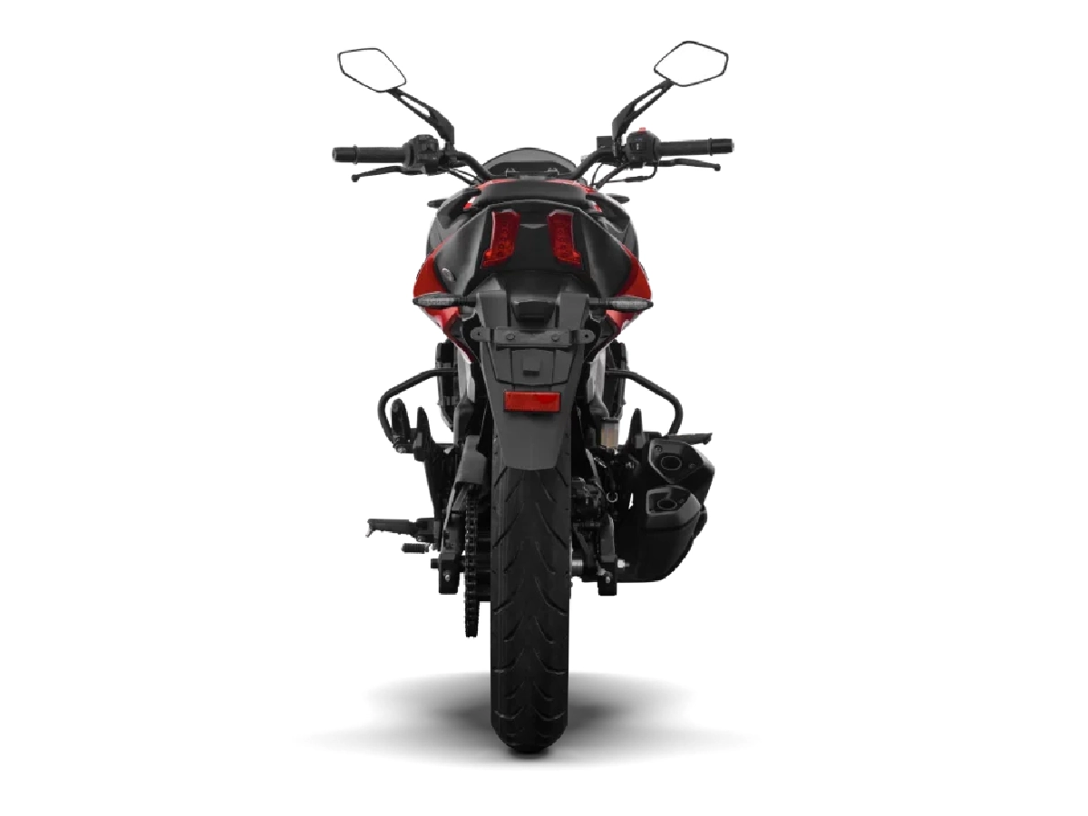 Rear view of Bajaj Dominar 250 Canyon Red motorcycle