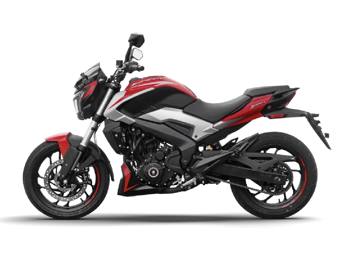 Side profile of Bajaj Dominar 250 Canyon Red motorcycle