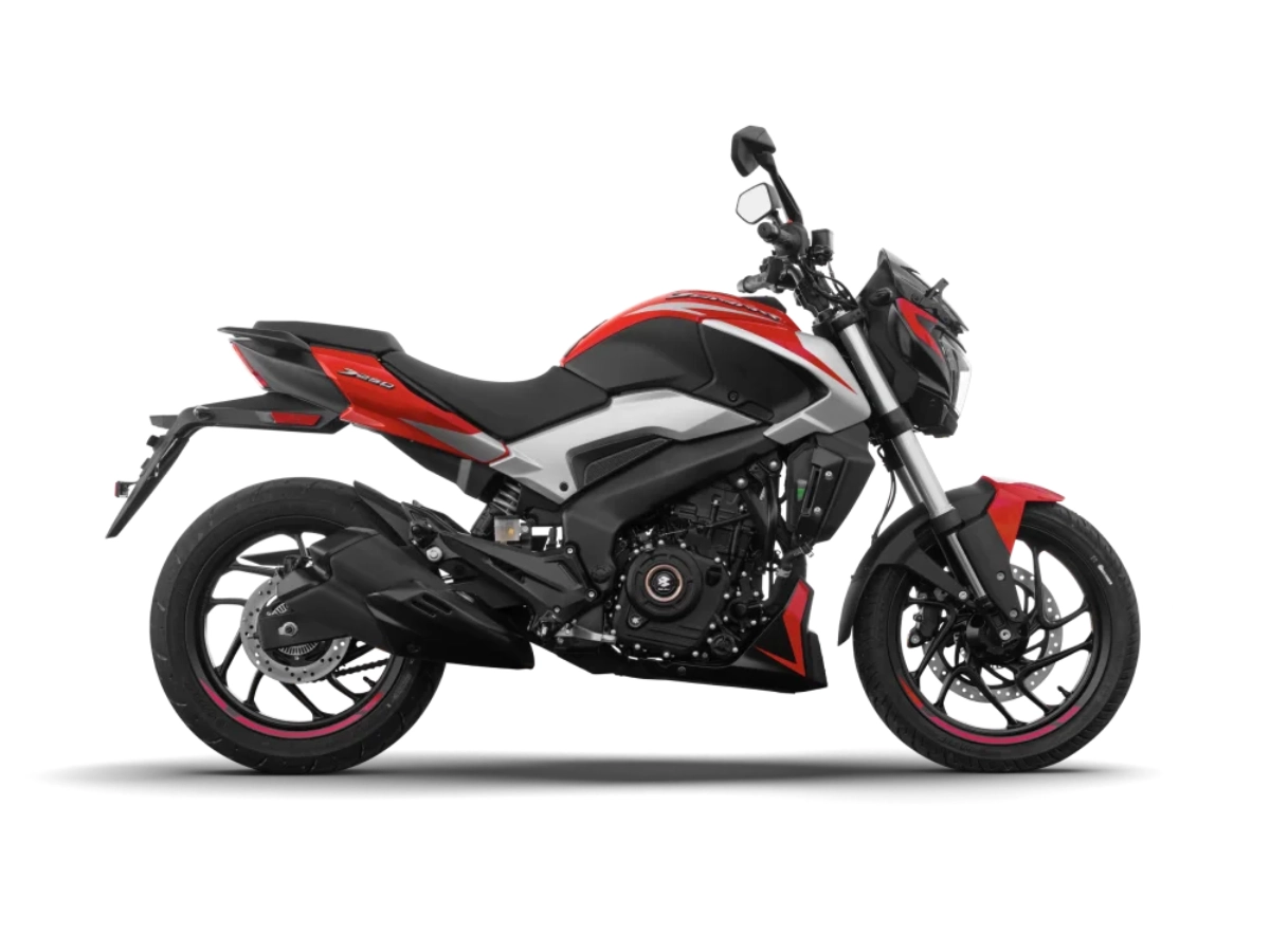 Bajaj Dominar 250 Canyon Red side view in studio background