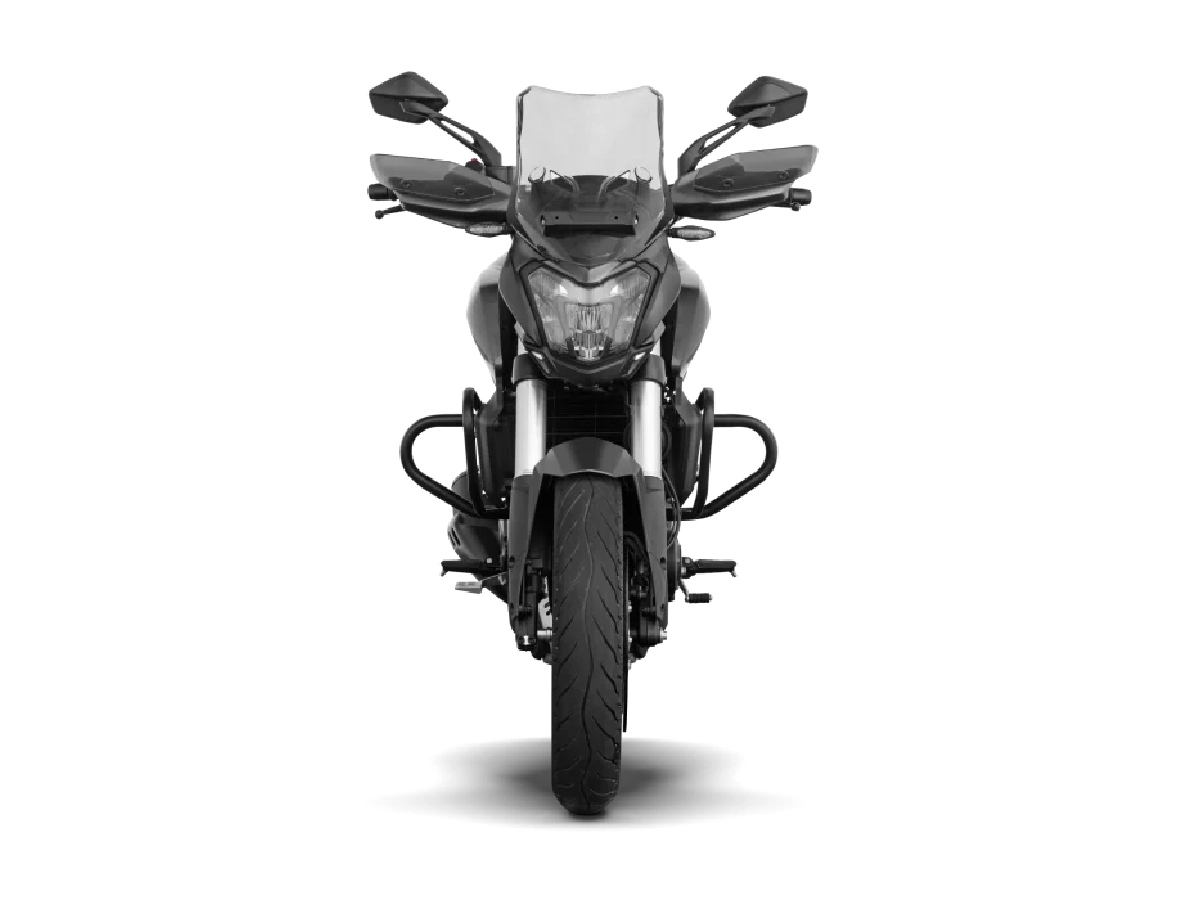 Front view of Bajaj Dominar 400 with touring windshield