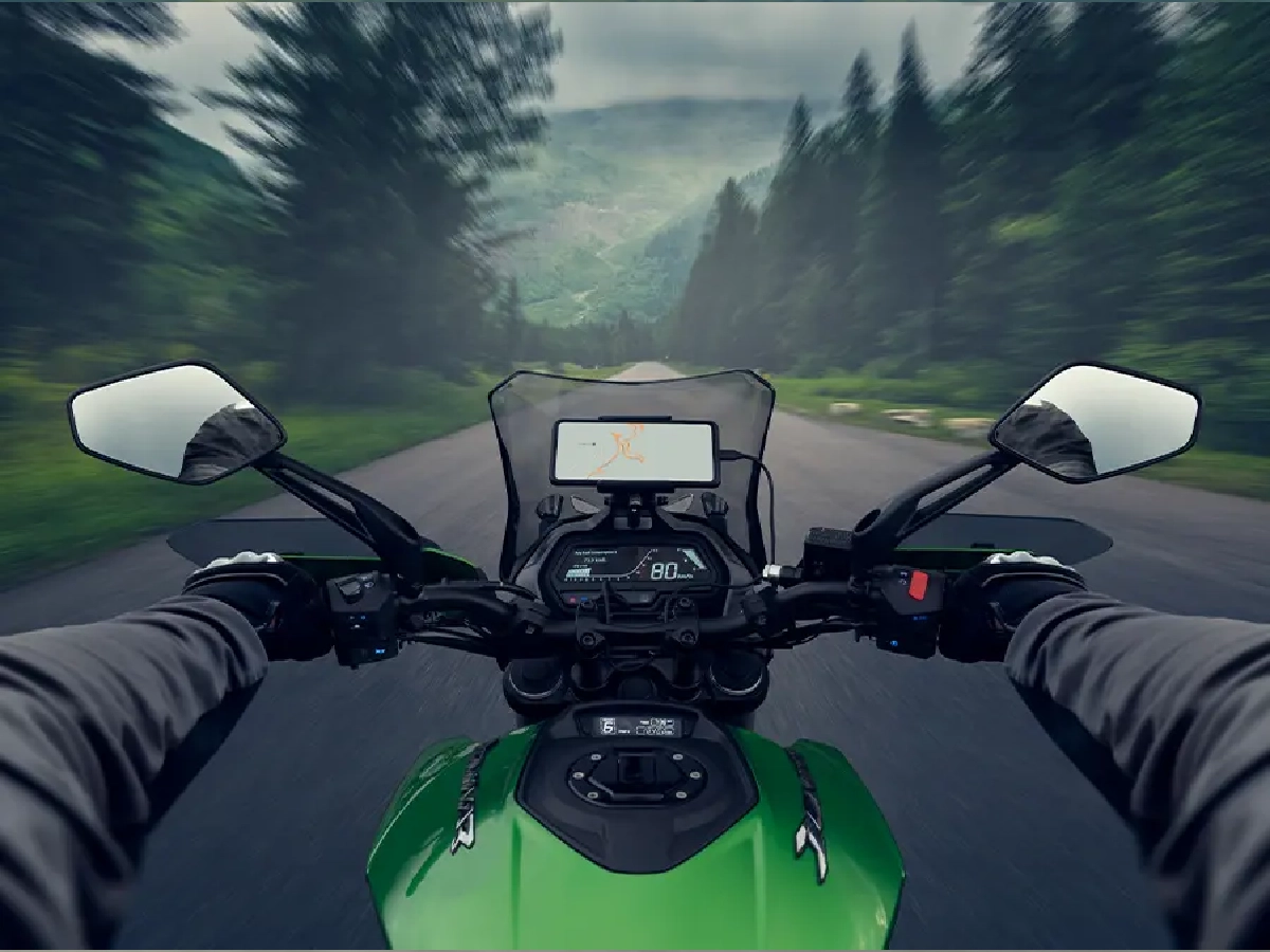 Rider POV from Bajaj Dominar 400 dashboard during highway ride