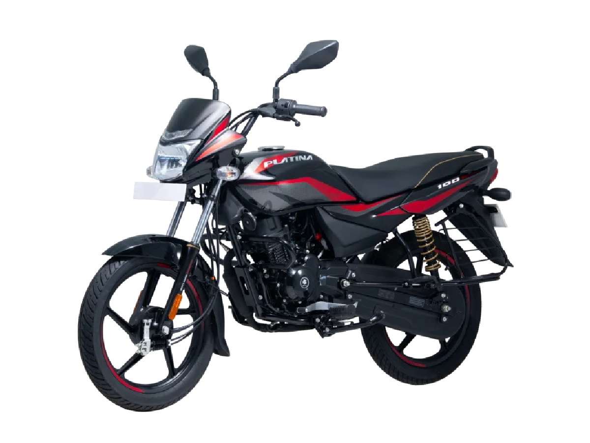 Bajaj Platina 100 black and red edition front angle view