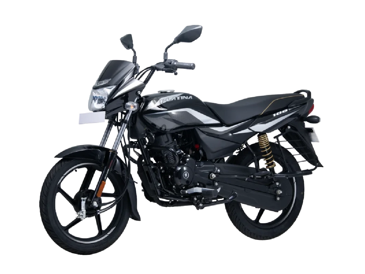 Bajaj Platina 100 black and silver front three quarter view