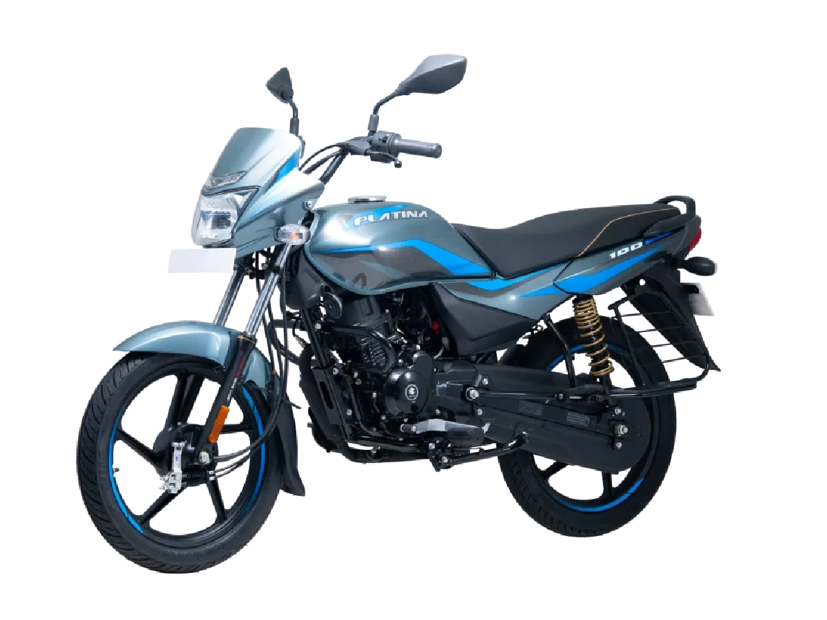 Bajaj Platina 100 in blue and grey color front three quarter view