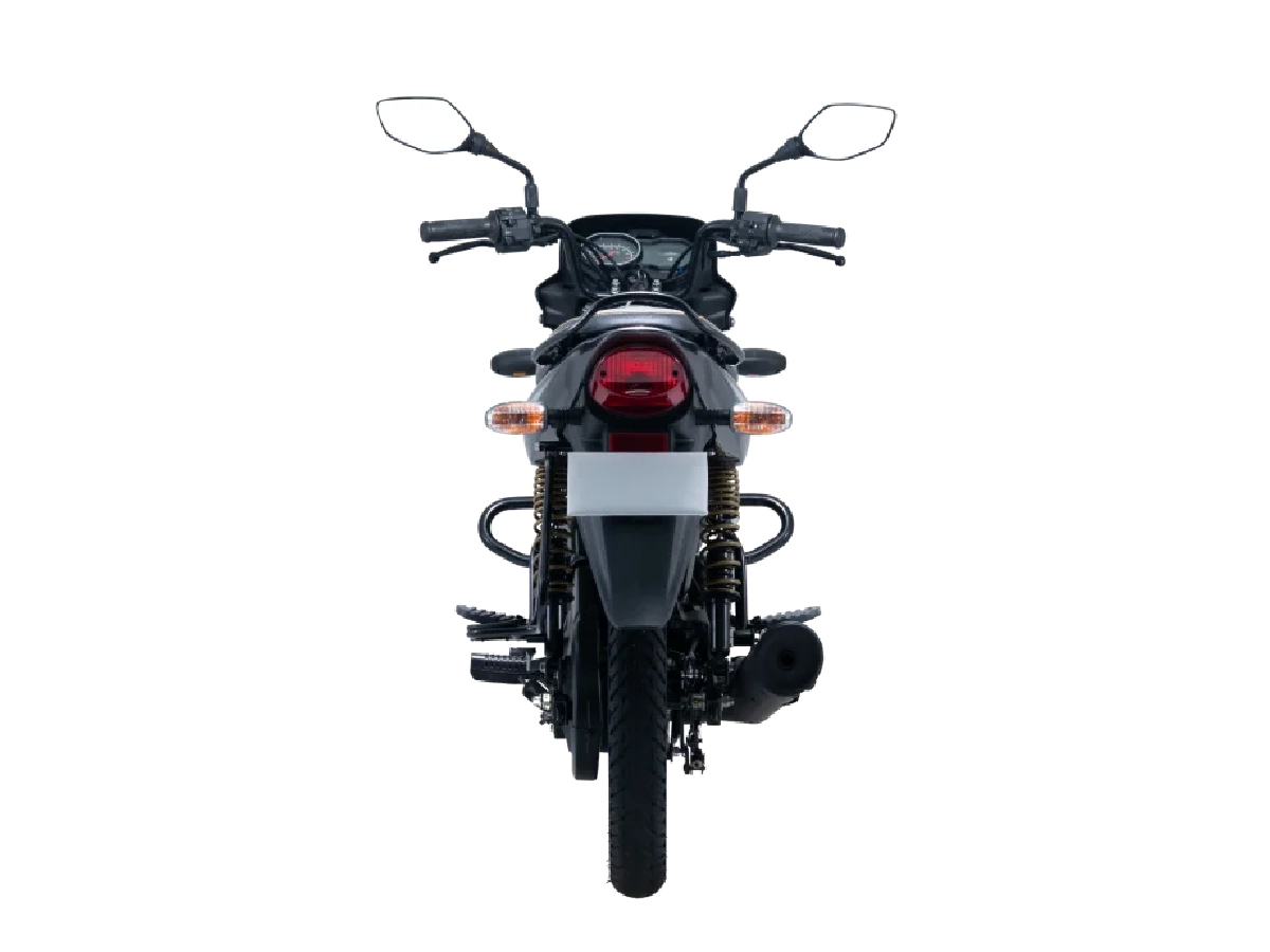 Rear view of Bajaj Platina 100 commuter motorcycle