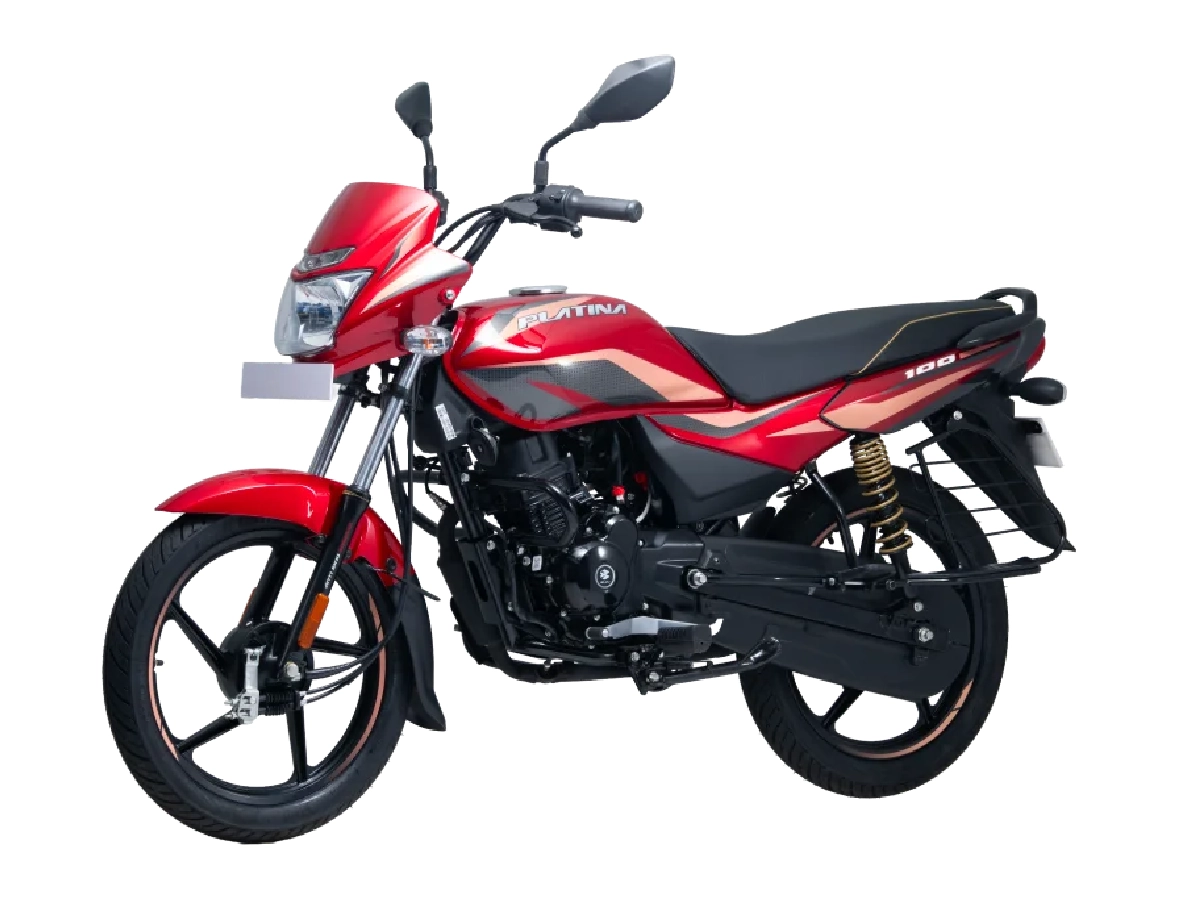 Bajaj Platina 100 in red color front three quarter studio view