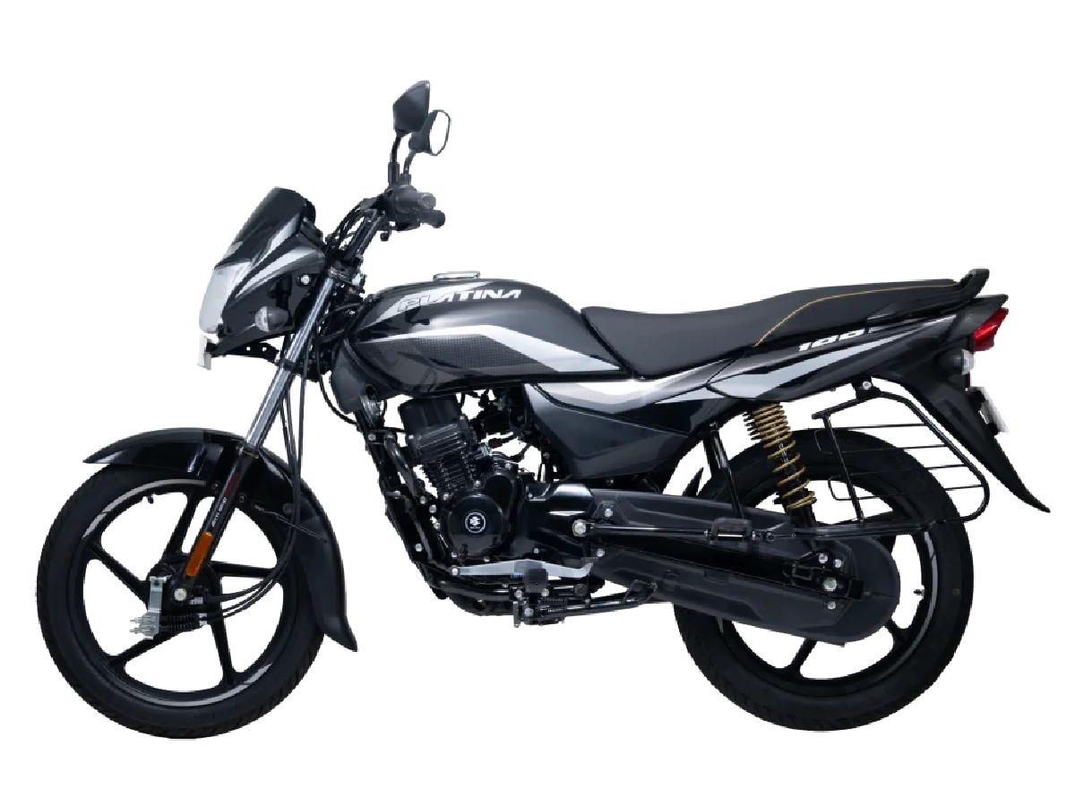 Side profile of Bajaj Platina 100 black and silver motorcycle