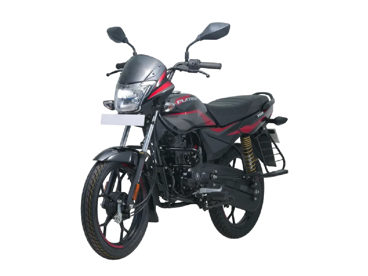 Bajaj Platina 110 Drum black and red edition front angle view
