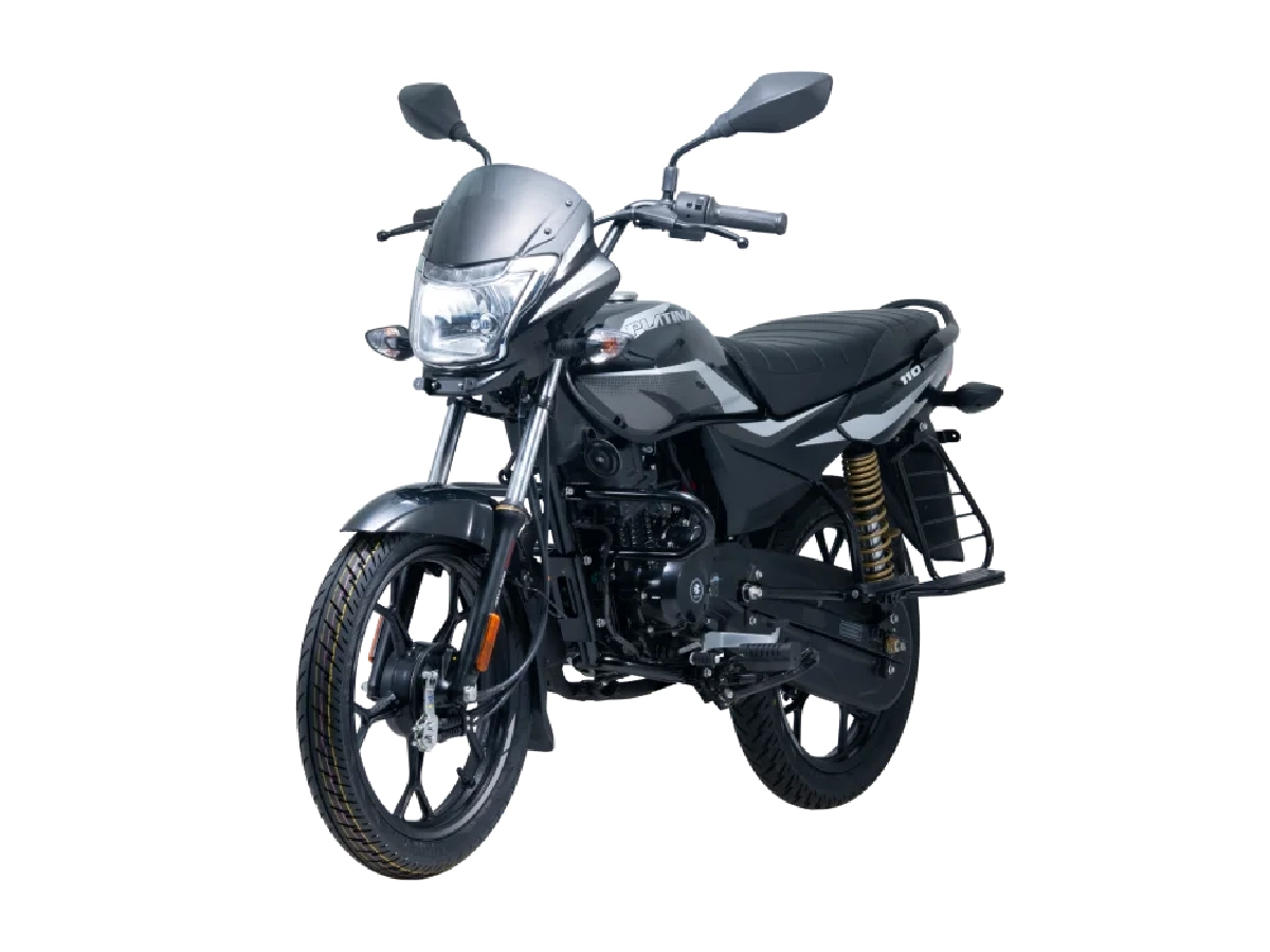 Bajaj Platina 110 Drum black and silver front three quarter view