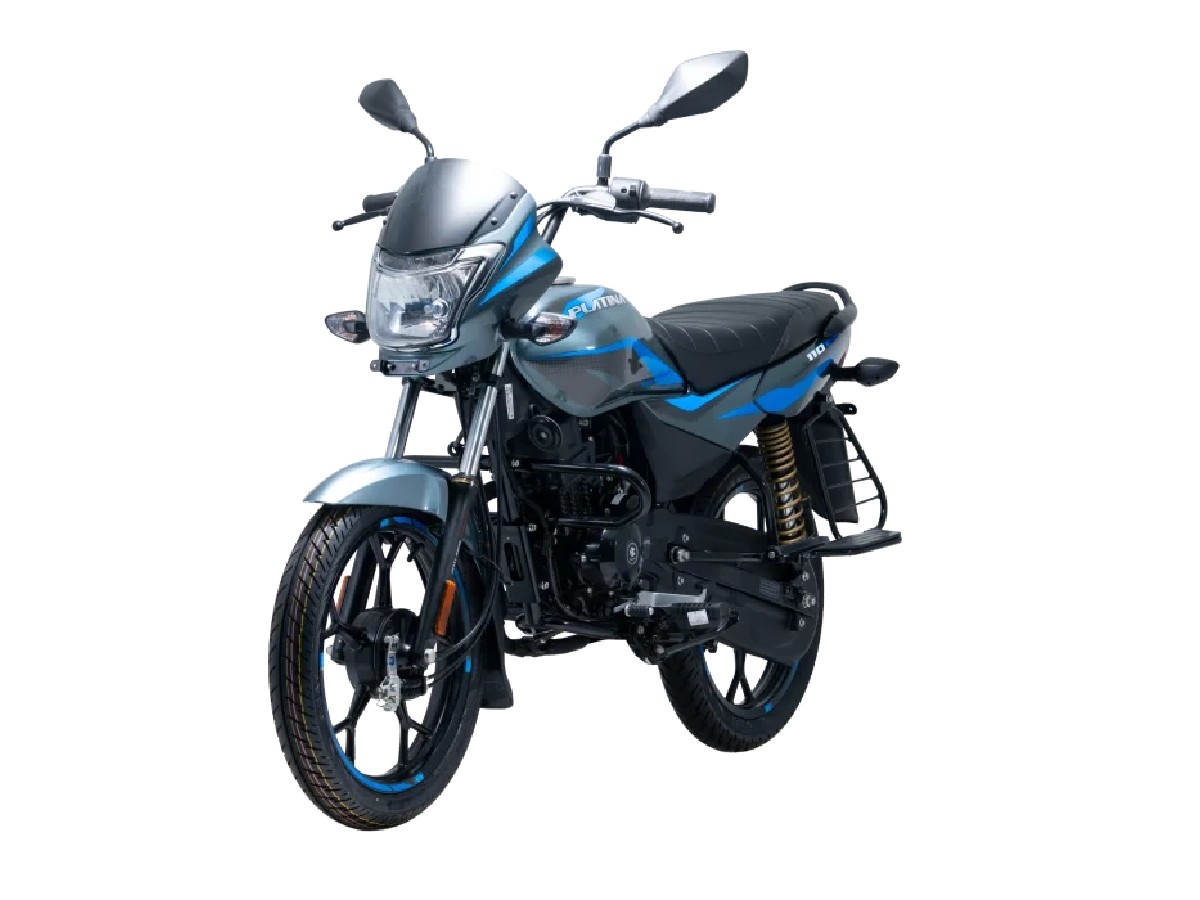 Bajaj Platina 110 Drum in blue and grey color front three quarter view