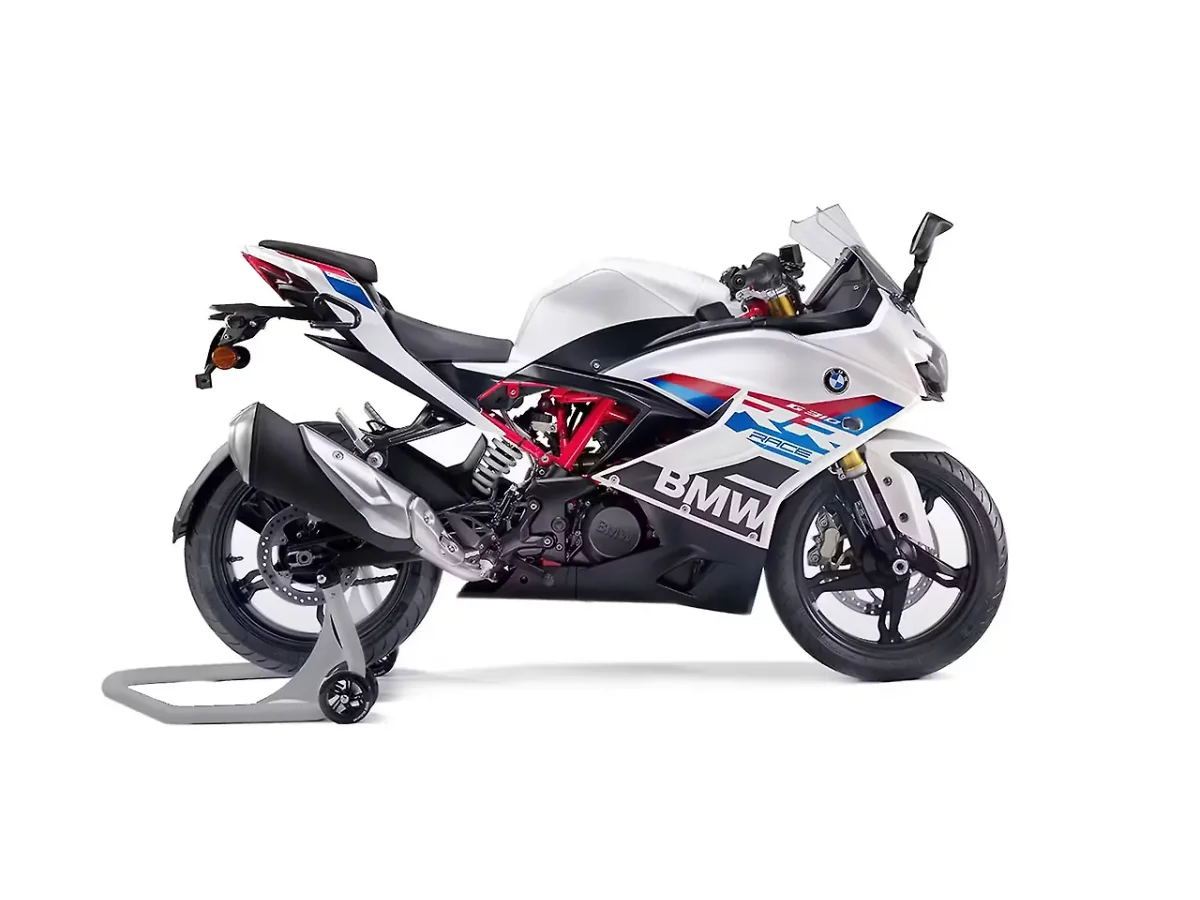 BMW G310 RR in Light White Uni, Racing Blue Metallic and Racing R colour - side profile