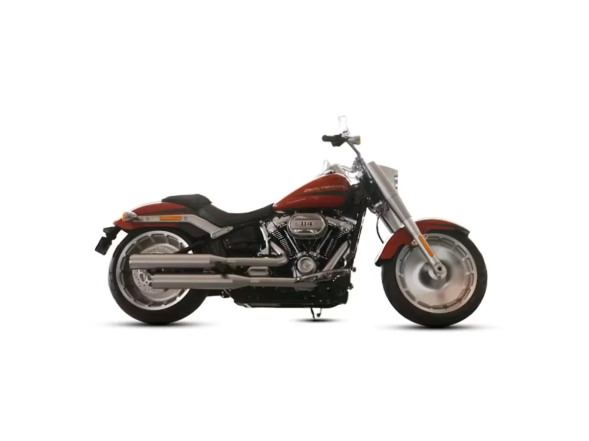 Harley-Davidson Fat Boy 114 in Scorched Orange / Black Denim colour - side profile