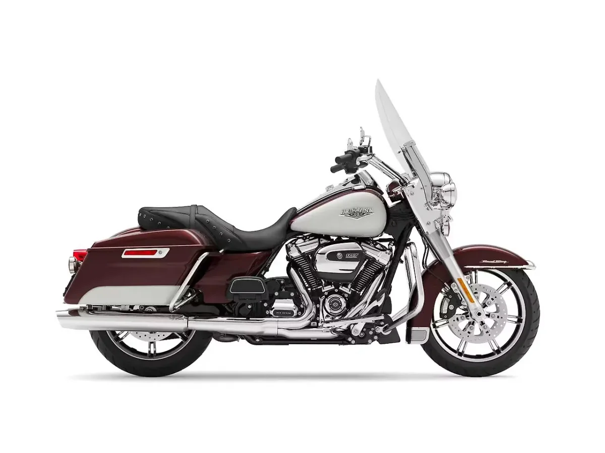 Harley-Davidson Road King in Midnight Crimson / Stone Washed White Pearl colour - side profile