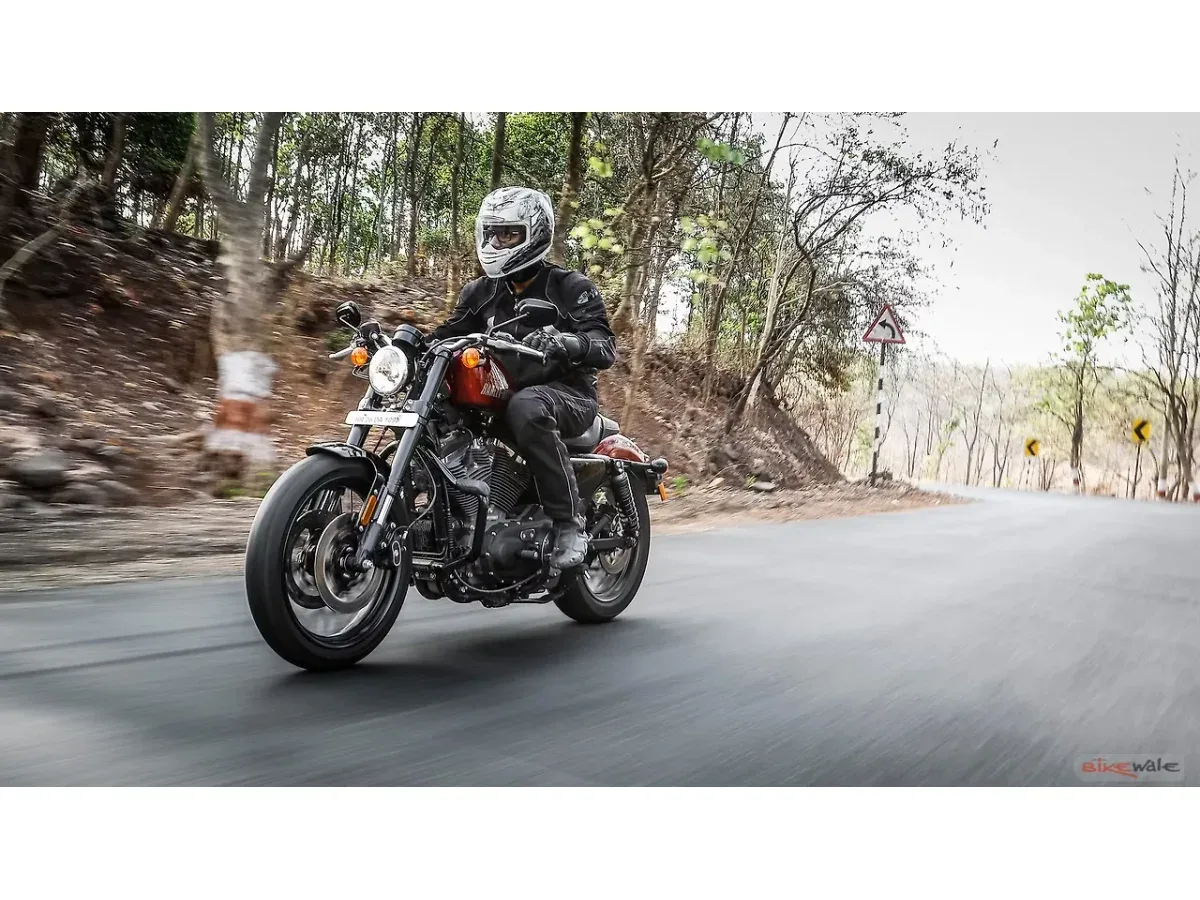 Harley-Davidson Roadster riding on a forest road
