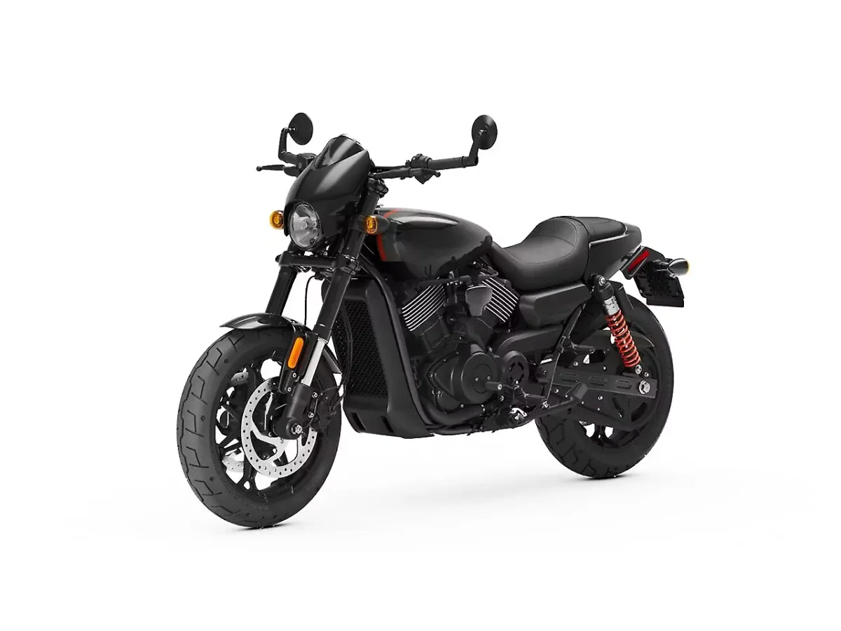 Harley-Davidson Street Rod black finish motorcycle viewed from front right angle