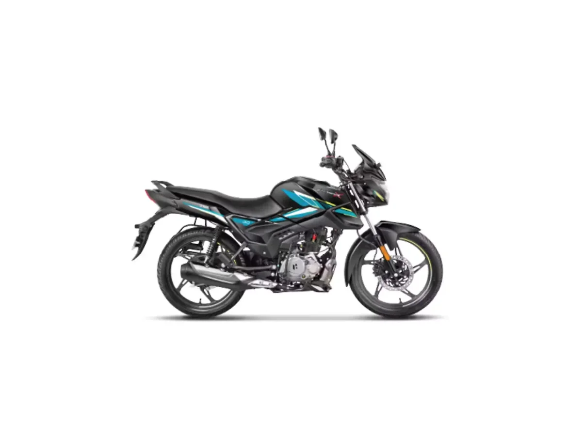Hero Glamour X 125 Black Teal Blue motorcycle side profile on white background