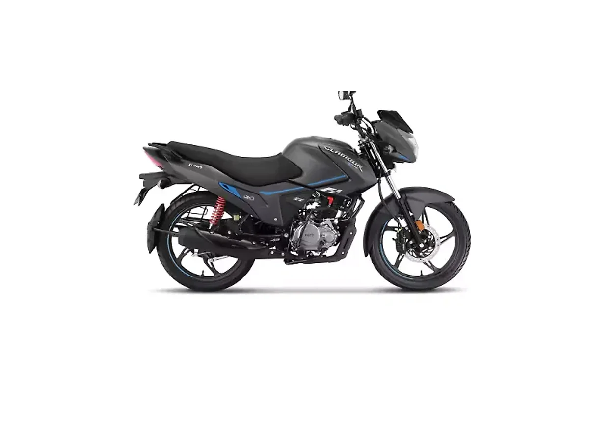 Hero Glamour XTEC Grey Blue Stripe motorcycle side profile on white background