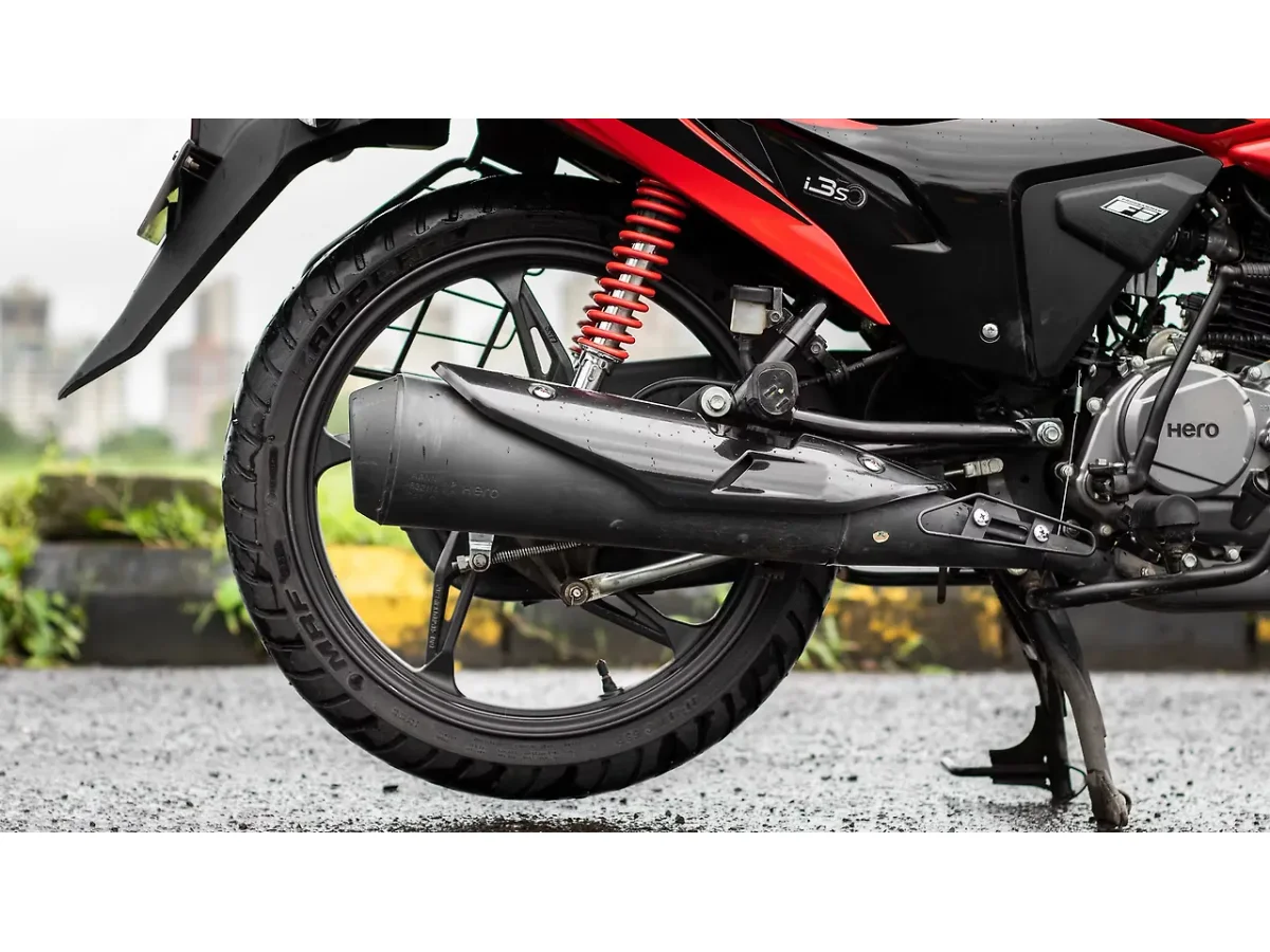 Rear alloy wheel and exhaust section of the Hero Glamour