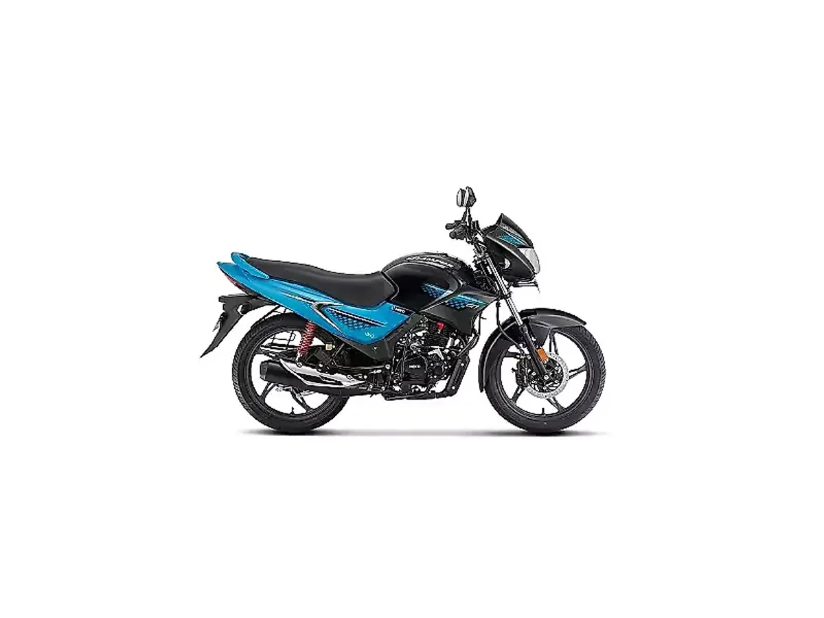 Hero Glamour Techno Blue Metallic Black motorcycle side profile on white background