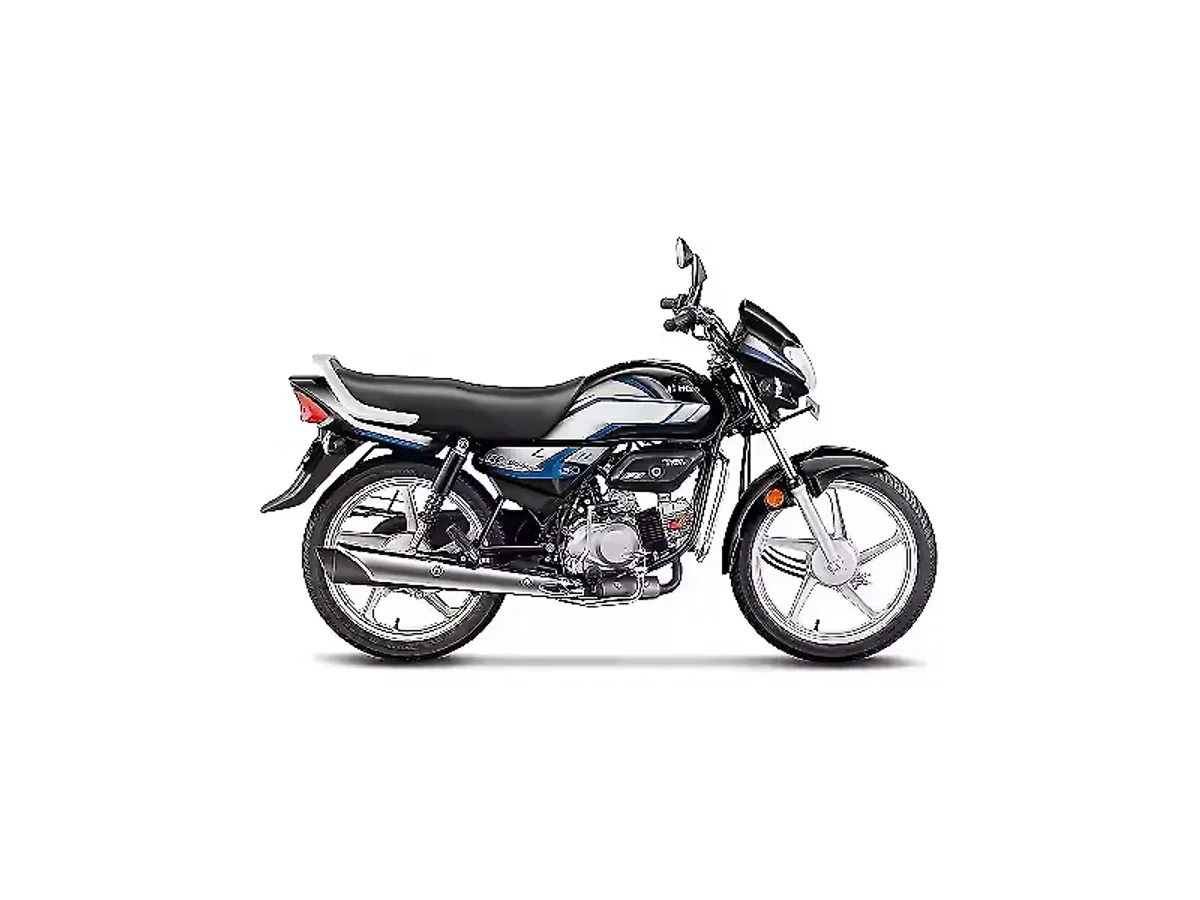 Hero HF Deluxe Black Nexus Blue motorcycle side profile on white background