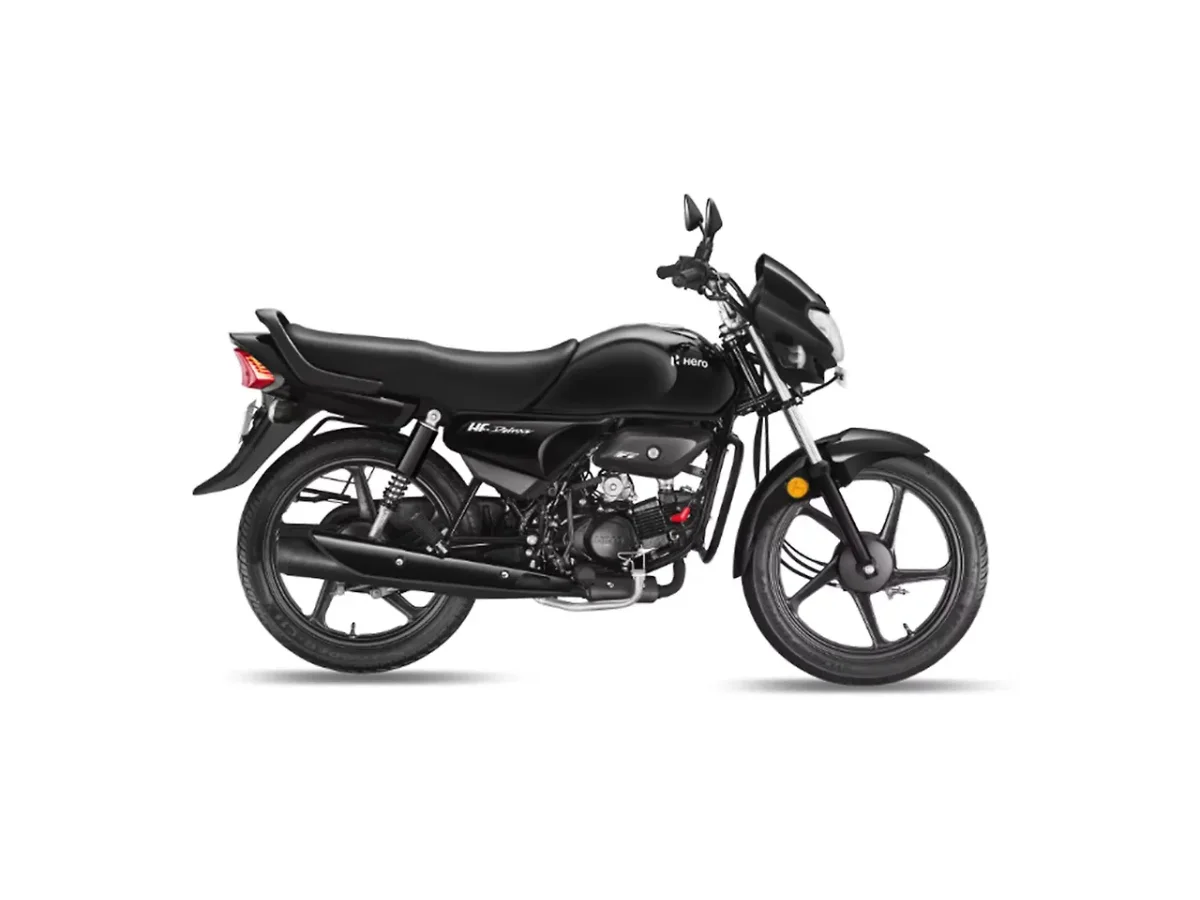 Hero HF Deluxe Black motorcycle side profile on white background